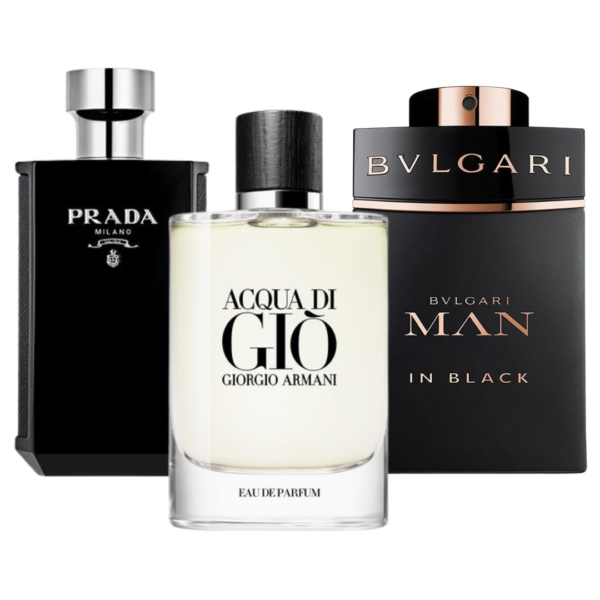 Combo promocional de 3 perfumes Bvlgari In Black, Giorgio Armani Acqua Di Gio, y L'Homme Prada Intense 100ml
